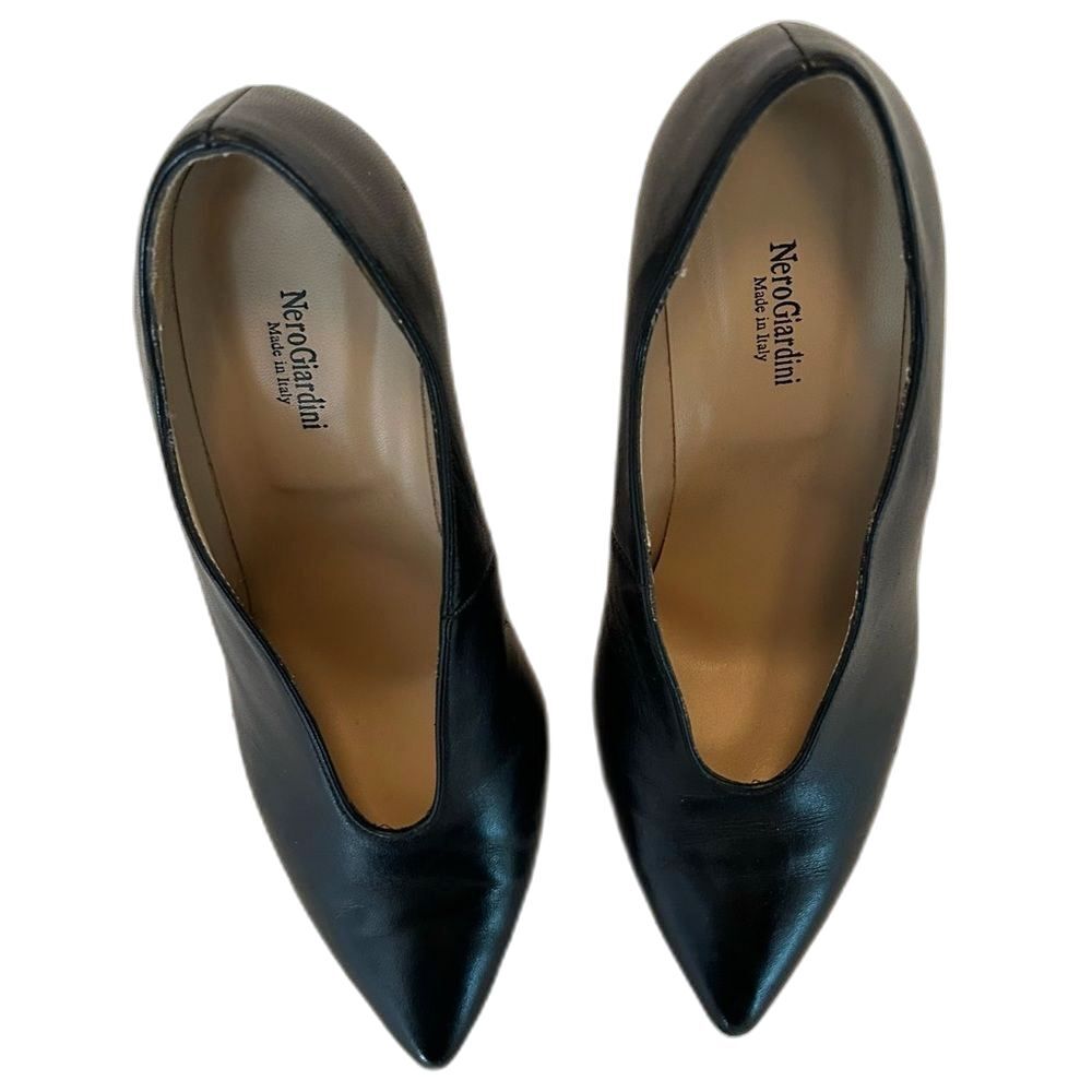 NeroGiardini Black Leather Pointed Toe Stiletto Pumps - Picture 2 of 8